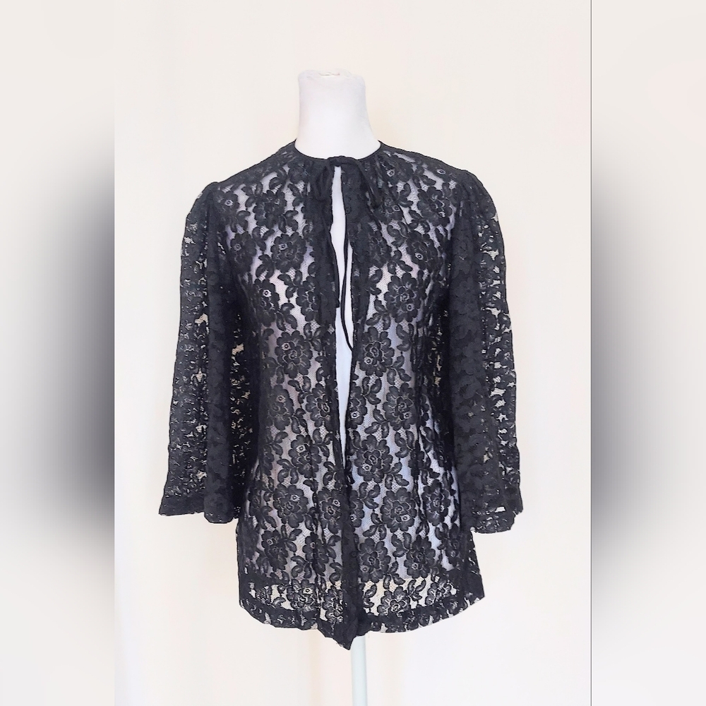 Saks Fifth Ave Tie Neck Bell Sleeve Black Lace Floral Open Front Top Size Small